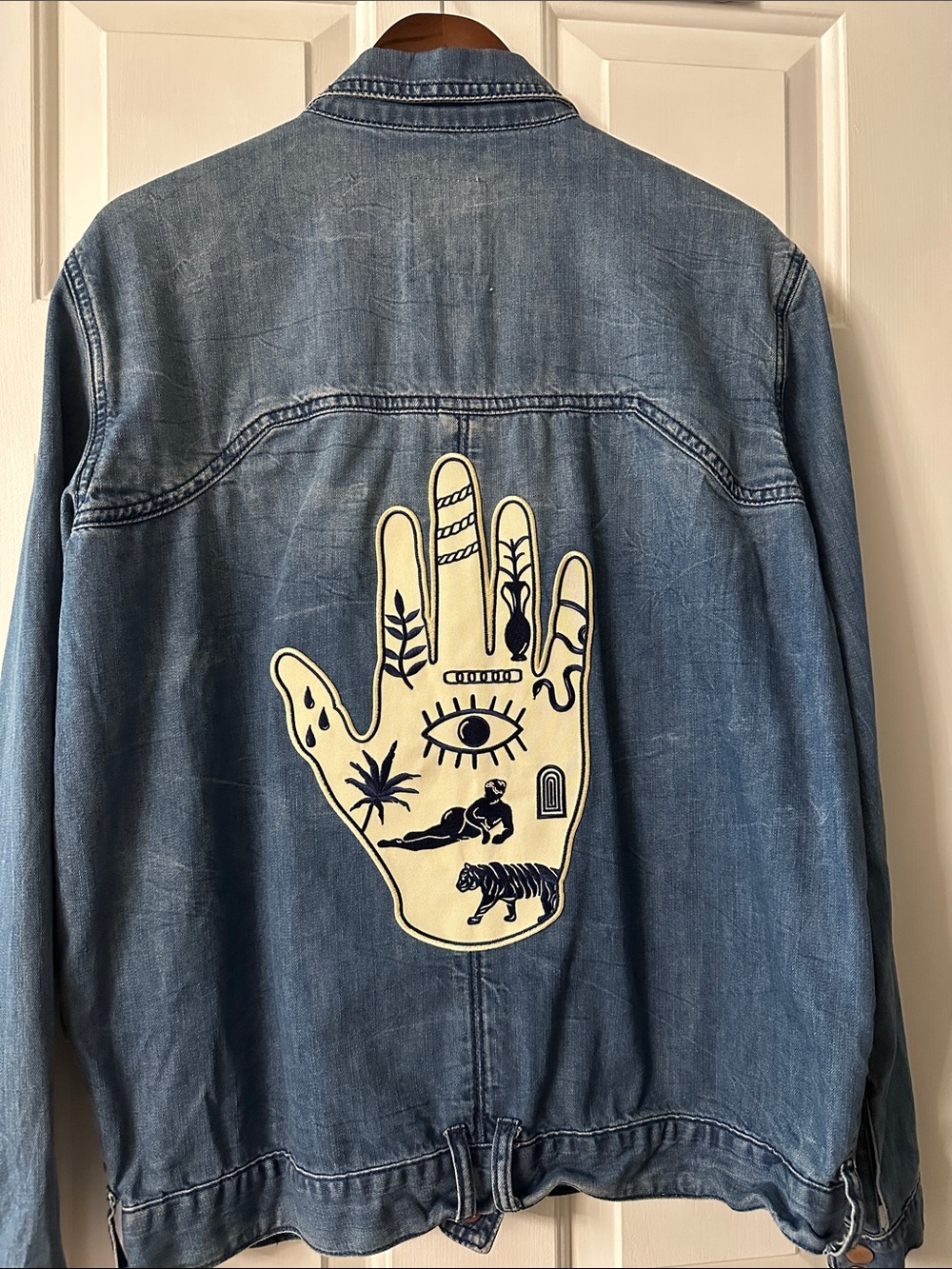 Vintage-Styled Oversized Denim Jacket with Elephant and Evil Eye Patches